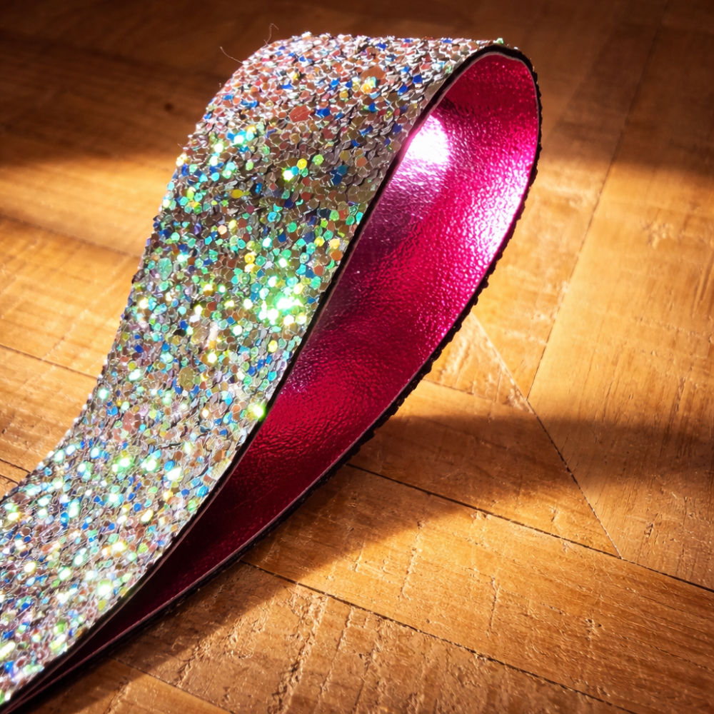 Porte-clés pailleté en simili cuir – Intérieur fushia – 2,5 x 12 cm