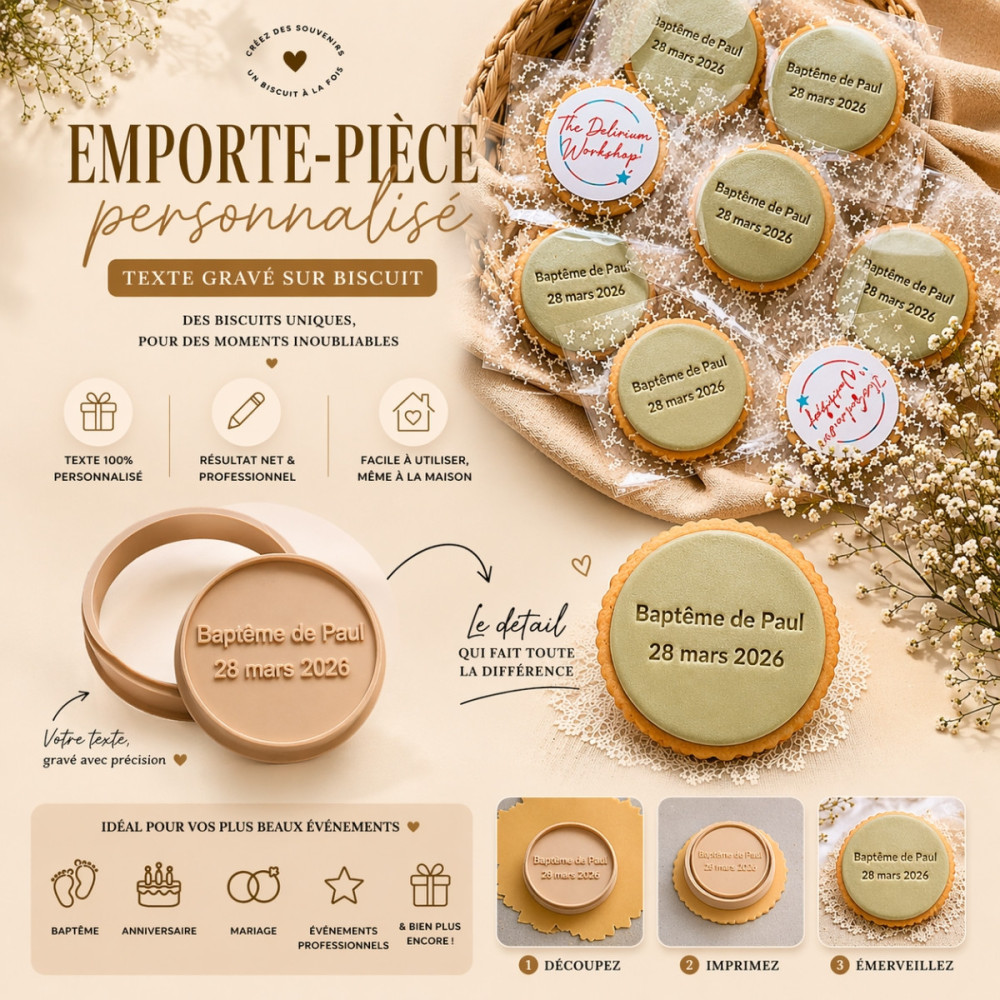 Emporte-pièce personnalisé texte – Biscuit gravé sur mesure pour événements