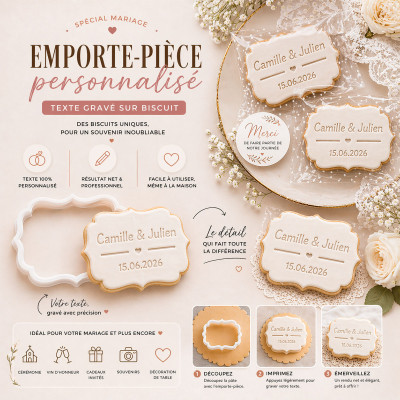 Emporte-pièce mariage personnalisé prénoms & date – biscuit élégant